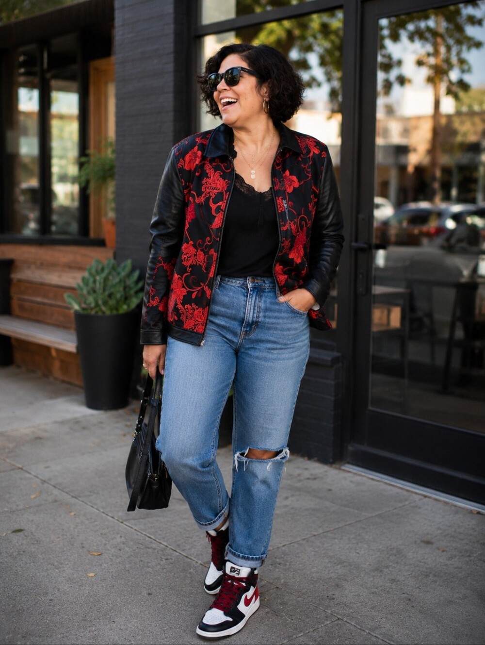 Chico's Black Jacket with Red Floral Embroidery